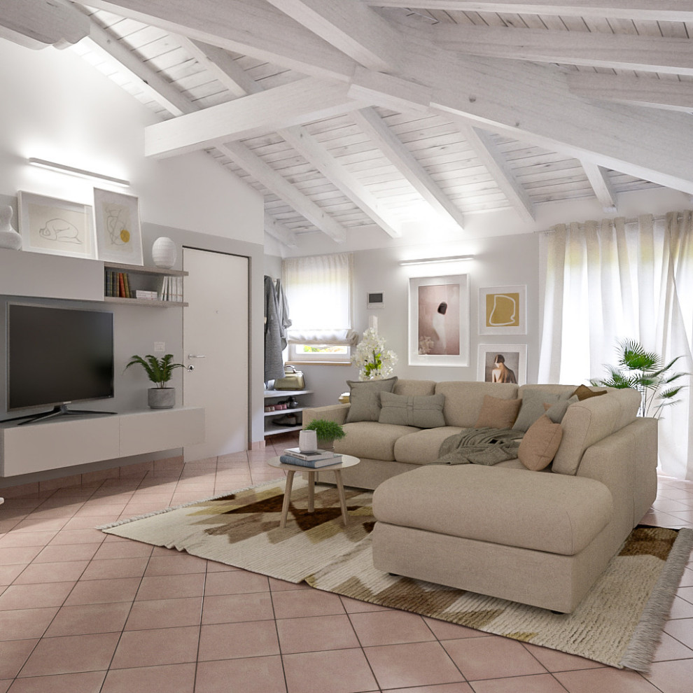 Cette image montre un salon design de taille moyenne et ouvert avec un mur gris, tomettes au sol, un téléviseur encastré et un sol rose.