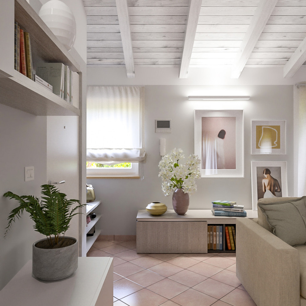 Cette image montre un salon design de taille moyenne et ouvert avec un mur gris, tomettes au sol, un téléviseur encastré et un sol rose.