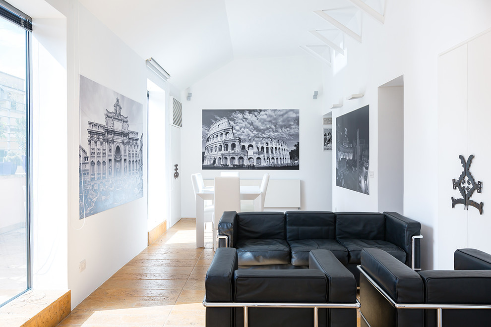 Immagine di un soggiorno minimal di medie dimensioni e chiuso con pareti bianche