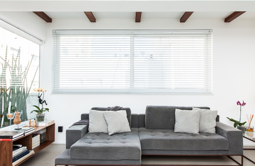 Diseño de sala de estar contemporánea de tamaño medio con paredes blancas