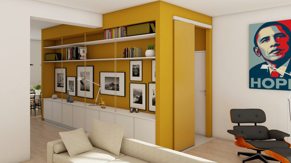 Идея дизайна: открытая гостиная комната среднего размера в современном стиле с с книжными шкафами и полками, желтыми стенами, полом из ламината, мультимедийным центром и бежевым полом