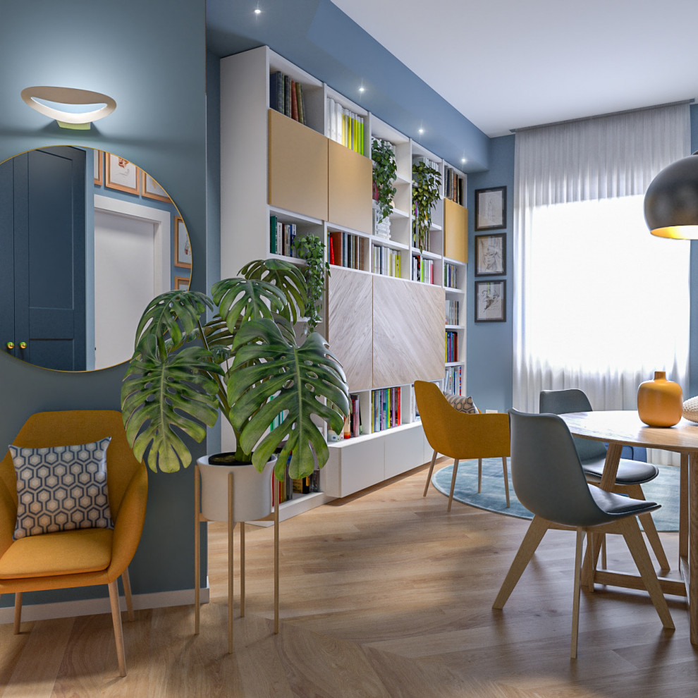 На фото: открытая гостиная комната среднего размера в современном стиле с с книжными шкафами и полками, синими стенами, светлым паркетным полом, скрытым телевизором и многоуровневым потолком с