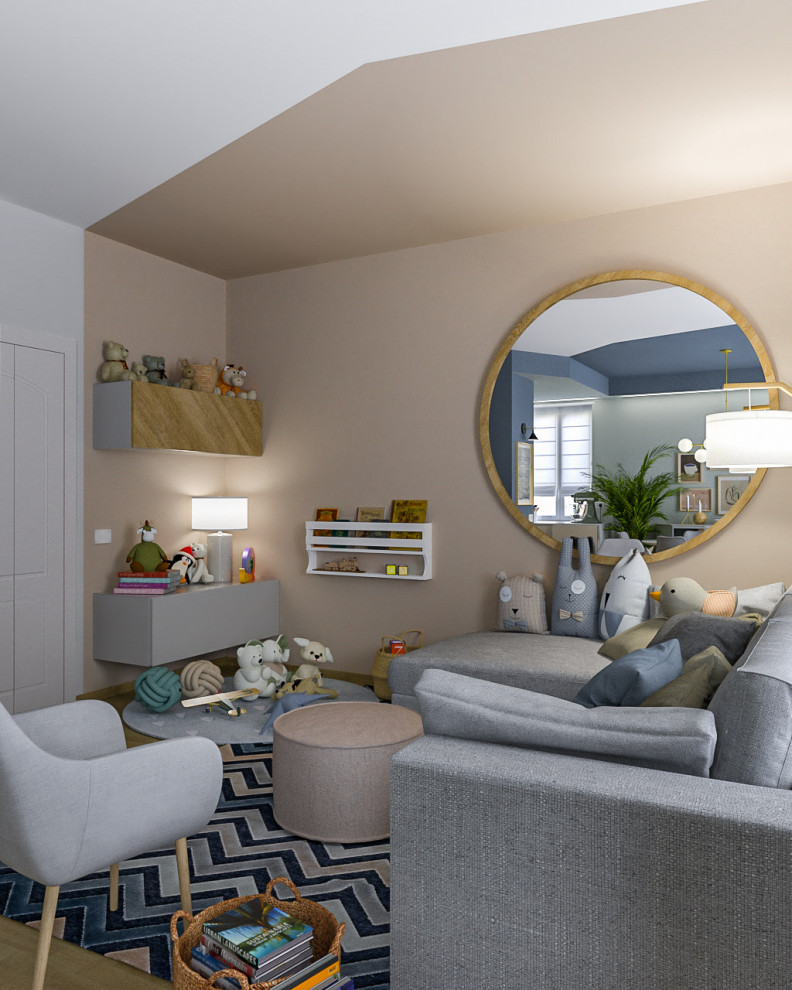 Esempio di un soggiorno minimal con libreria, pareti beige e parquet chiaro
