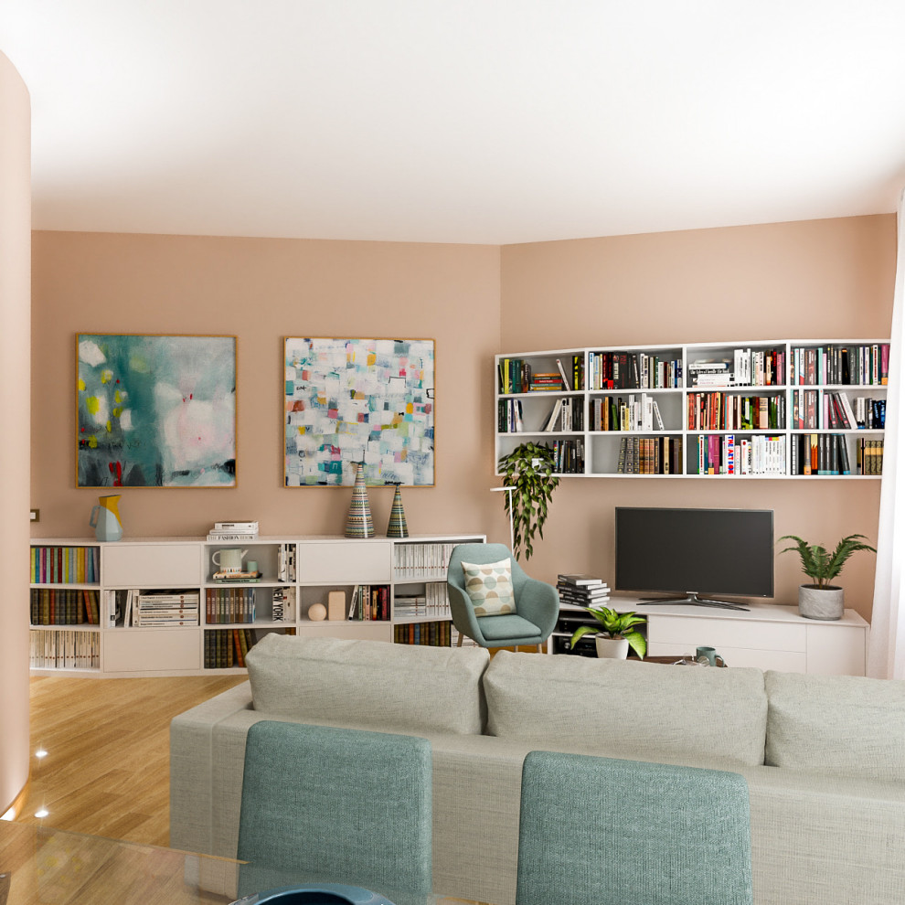Источник вдохновения для домашнего уюта: открытая гостиная комната среднего размера в современном стиле с с книжными шкафами и полками, разноцветными стенами, светлым паркетным полом и мультимедийным центром