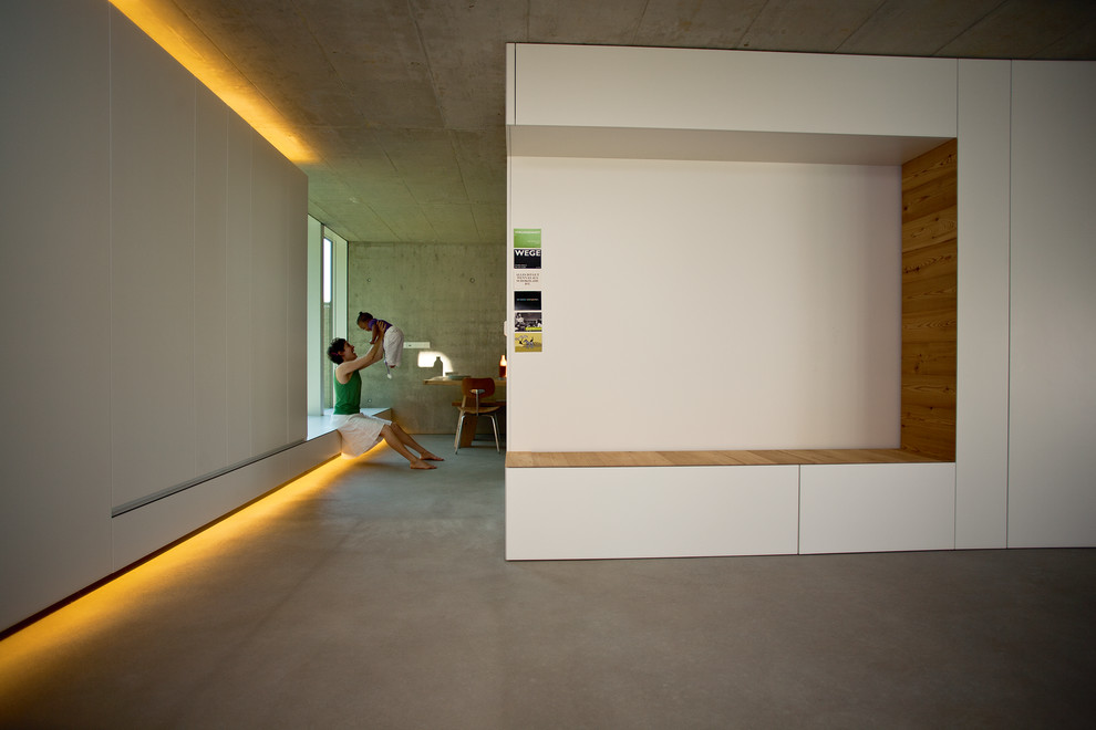 Imagen de salón de tamaño medio con paredes grises y suelo de cemento
