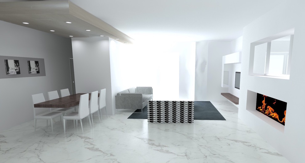 Foto di un soggiorno moderno con pareti bianche, pavimento in marmo e TV a parete
