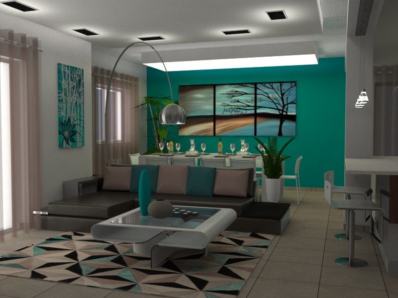 Свежая идея для дизайна: открытая гостиная комната среднего размера в стиле модернизм с разноцветными стенами, полом из керамической плитки, телевизором на стене и бежевым полом без камина - отличное фото интерьера