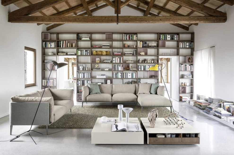 Aménagement d'un salon contemporain avec une bibliothèque ou un coin lecture, un mur blanc et un sol blanc.