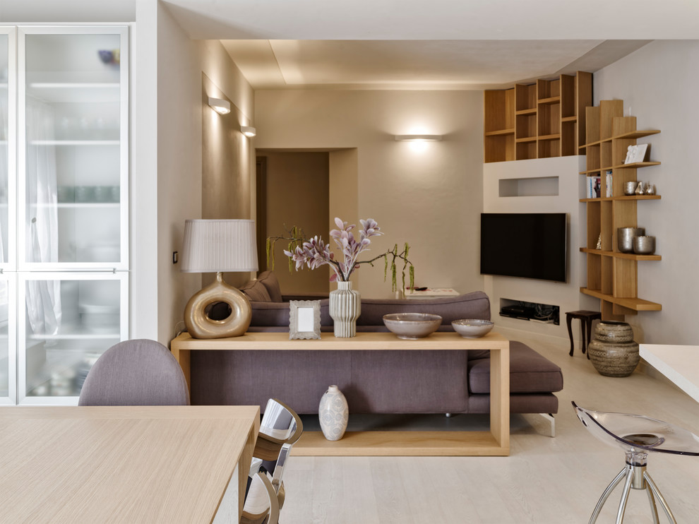Idee per un grande soggiorno design aperto con pareti bianche e pavimento con piastrelle in ceramica