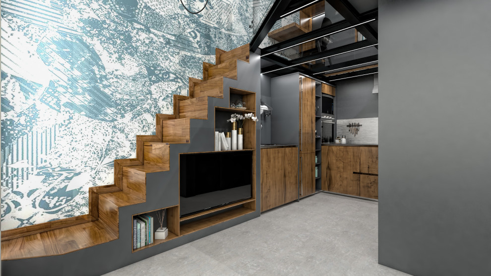 Aménagement d'une petite salle de séjour moderne avec un mur gris, sol en béton ciré, un téléviseur encastré, un sol gris et du papier peint.