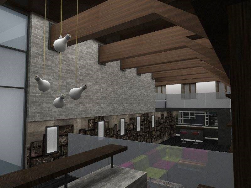 Идея дизайна: огромная двухуровневая гостиная комната в стиле лофт с темным паркетным полом, скрытым телевизором, балками на потолке и кирпичными стенами