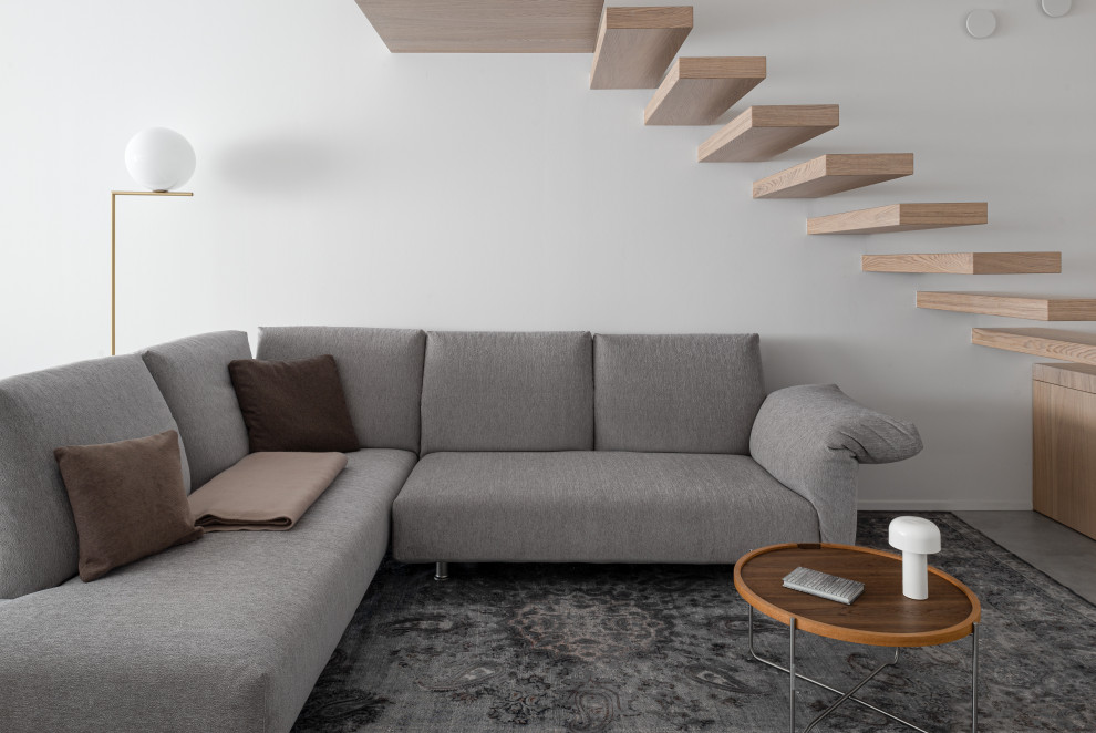 Ispirazione per un soggiorno design di medie dimensioni con pareti bianche, pavimento in gres porcellanato e pavimento grigio
