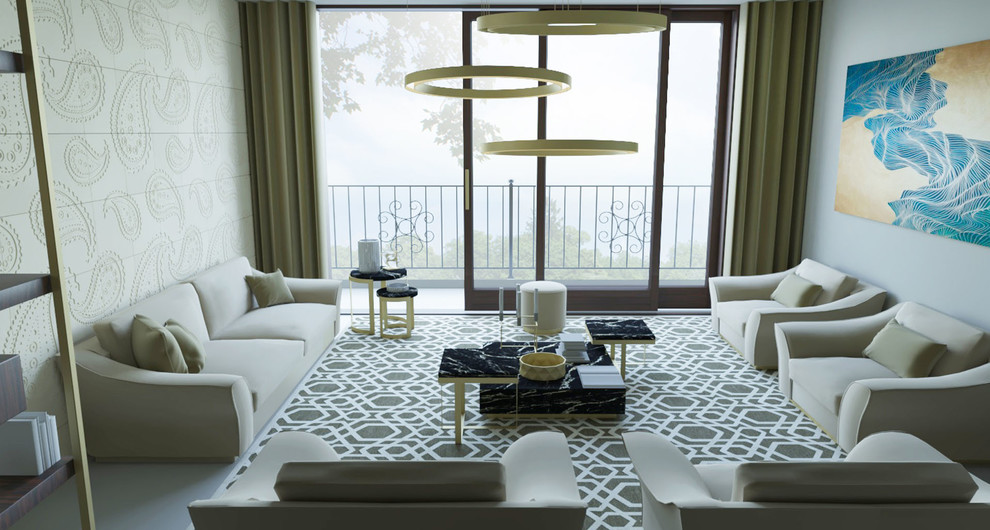 Ispirazione per un soggiorno contemporaneo aperto e di medie dimensioni con pavimento in gres porcellanato e pavimento grigio