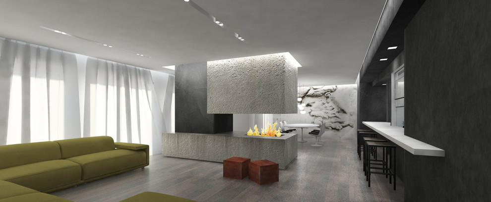 Cette image montre une très grande salle de séjour design ouverte avec un bar de salon, un mur noir, parquet foncé, une cheminée double-face, un manteau de cheminée en pierre et un sol marron.