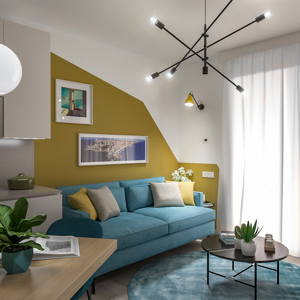 Inspiration pour un petit salon design ouvert avec un mur multicolore et parquet clair.