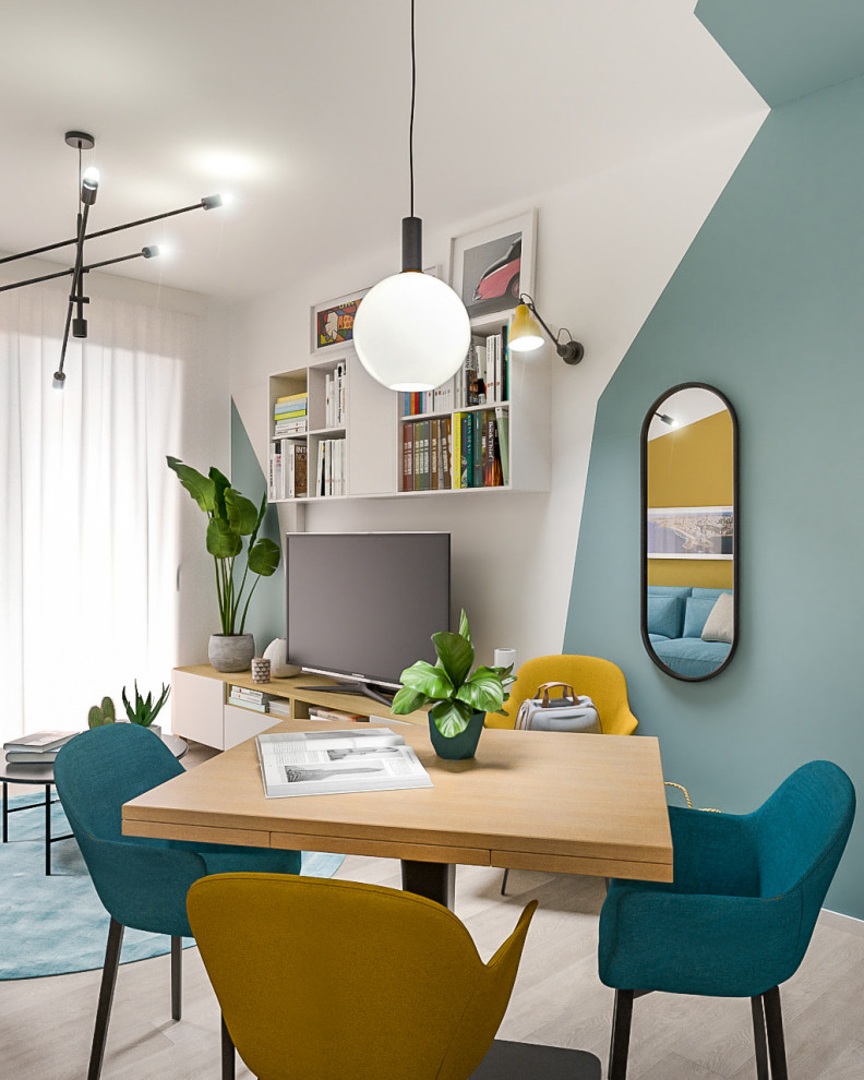 Foto di un piccolo soggiorno contemporaneo aperto con pareti multicolore, parquet chiaro e parete attrezzata
