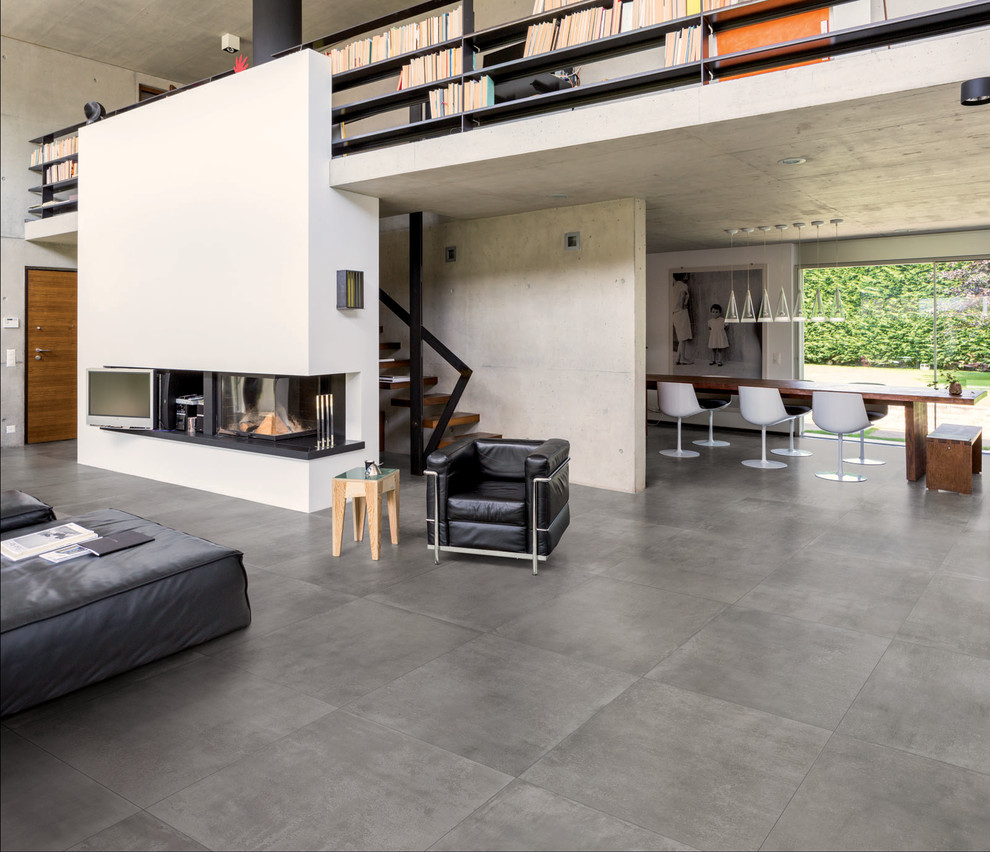 Exempel på ett stort modernt vardagsrum, med grått golv