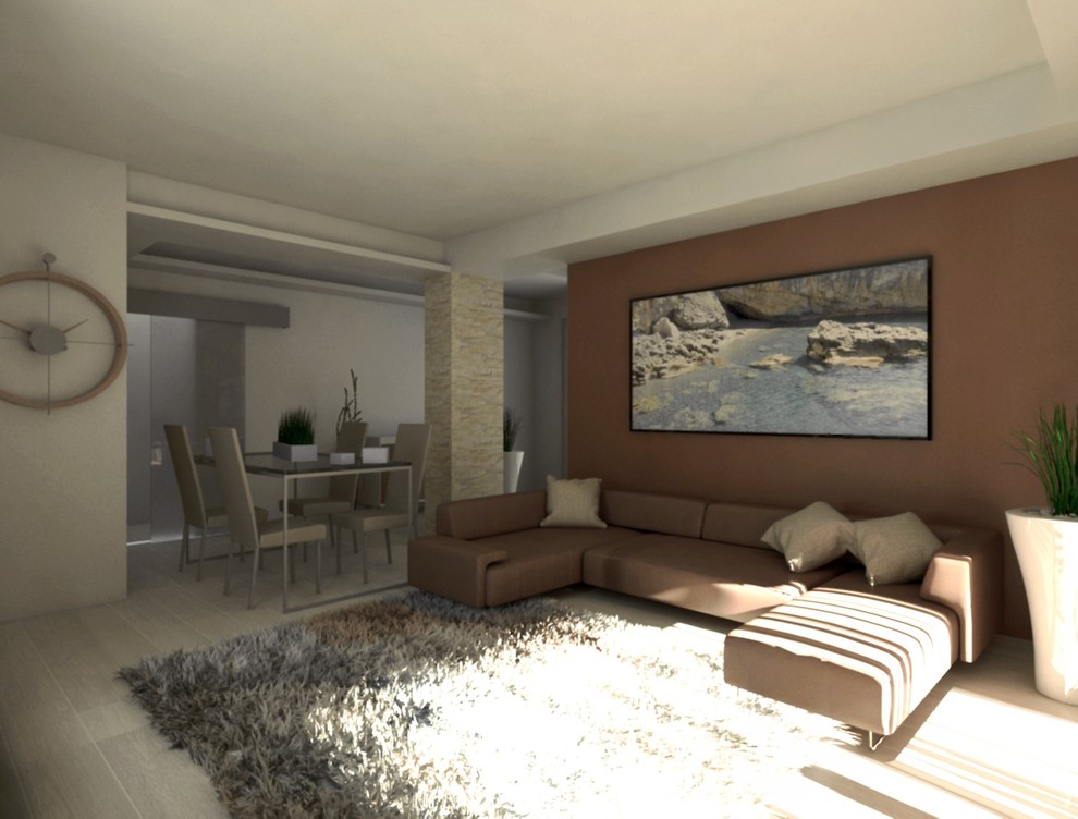 Esempio di un soggiorno minimalista chiuso con pareti bianche, pavimento in gres porcellanato e TV a parete
