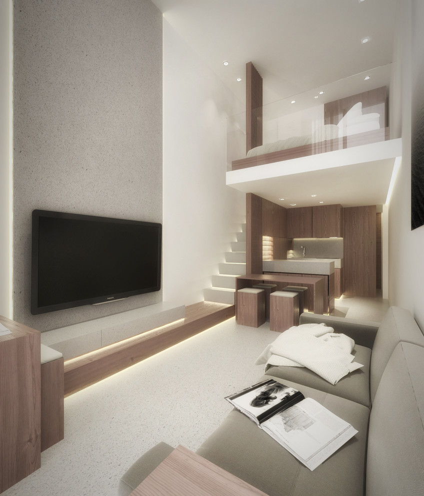 Idéer för att renovera ett litet funkis loftrum, med en hemmabar, vita väggar, marmorgolv, en väggmonterad TV och grått golv