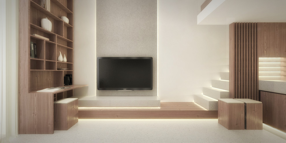 Modern inredning av ett litet loftrum, med ett bibliotek, vita väggar, klinkergolv i keramik, en väggmonterad TV och grått golv