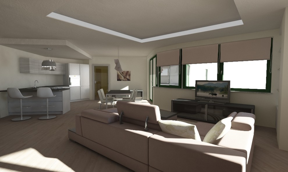 Idee per un grande soggiorno minimal aperto con pareti bianche, pavimento in legno verniciato, parete attrezzata e pavimento grigio