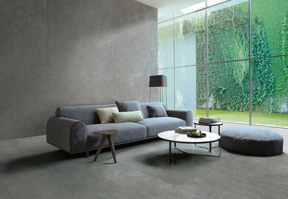 Foto de sala de estar minimalista con paredes grises, suelo de baldosas de porcelana y suelo gris