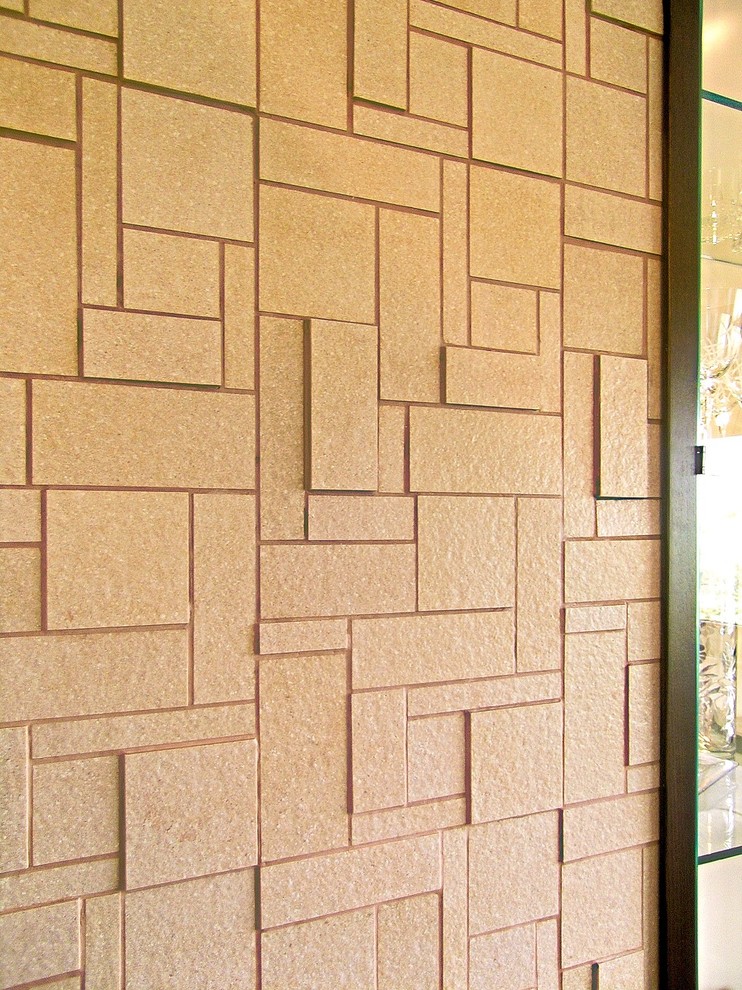 Esempio di un soggiorno moderno di medie dimensioni e aperto con pareti bianche, pavimento in gres porcellanato, parete attrezzata e pavimento beige