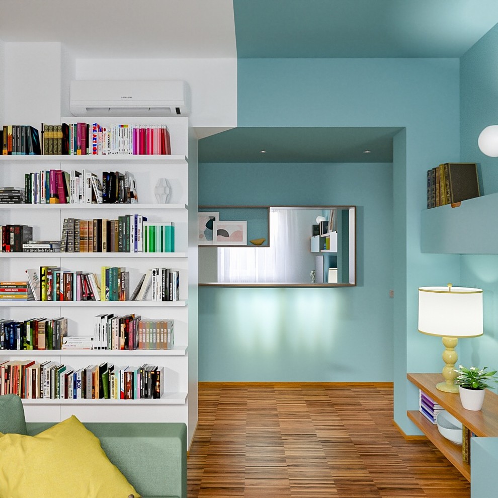 Foto di un piccolo soggiorno minimal aperto con angolo bar, pareti multicolore, parquet scuro e parete attrezzata