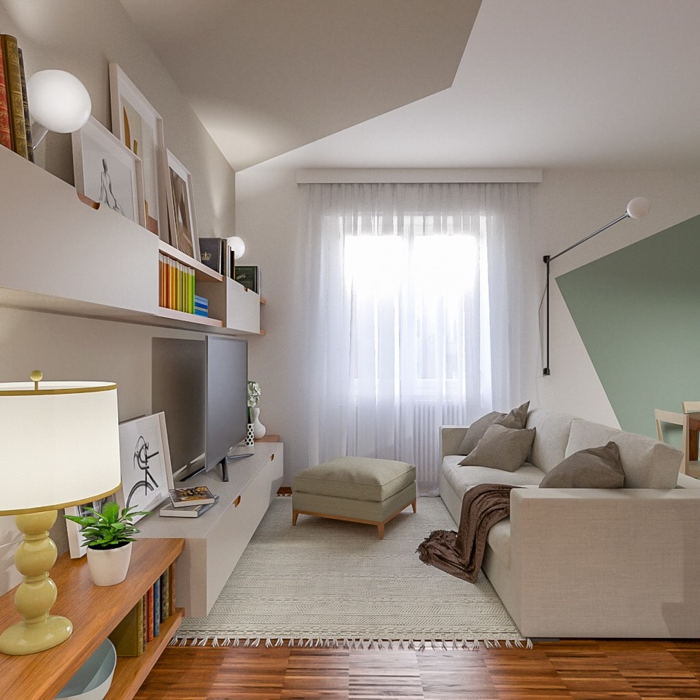 Immagine di un piccolo soggiorno minimal aperto con angolo bar, pareti multicolore, parquet scuro e parete attrezzata