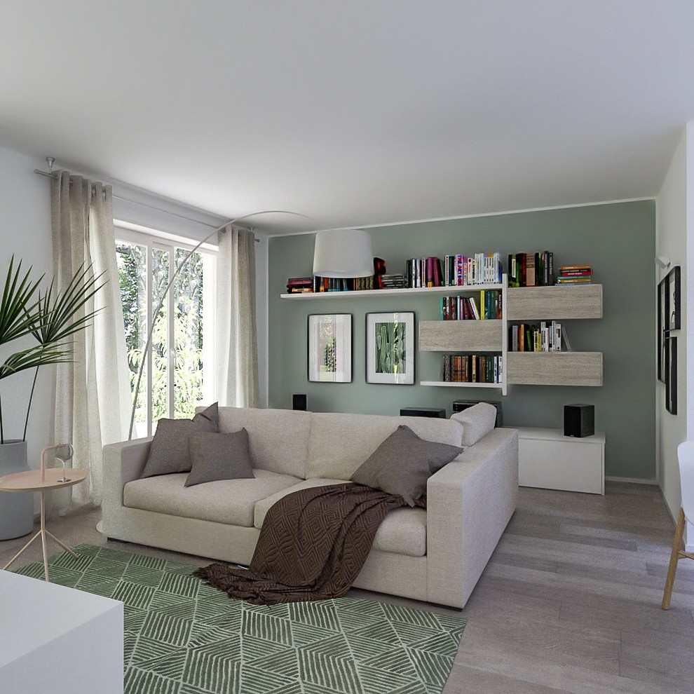 Ispirazione per un soggiorno contemporaneo di medie dimensioni e aperto con pareti bianche, pavimento in gres porcellanato e pavimento beige