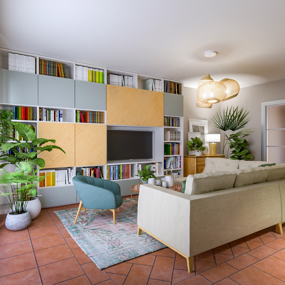 Пример оригинального дизайна: изолированная гостиная комната среднего размера в современном стиле с с книжными шкафами и полками, разноцветными стенами, полом из терракотовой плитки, печью-буржуйкой, фасадом камина из металла, мультимедийным центром и розовым полом