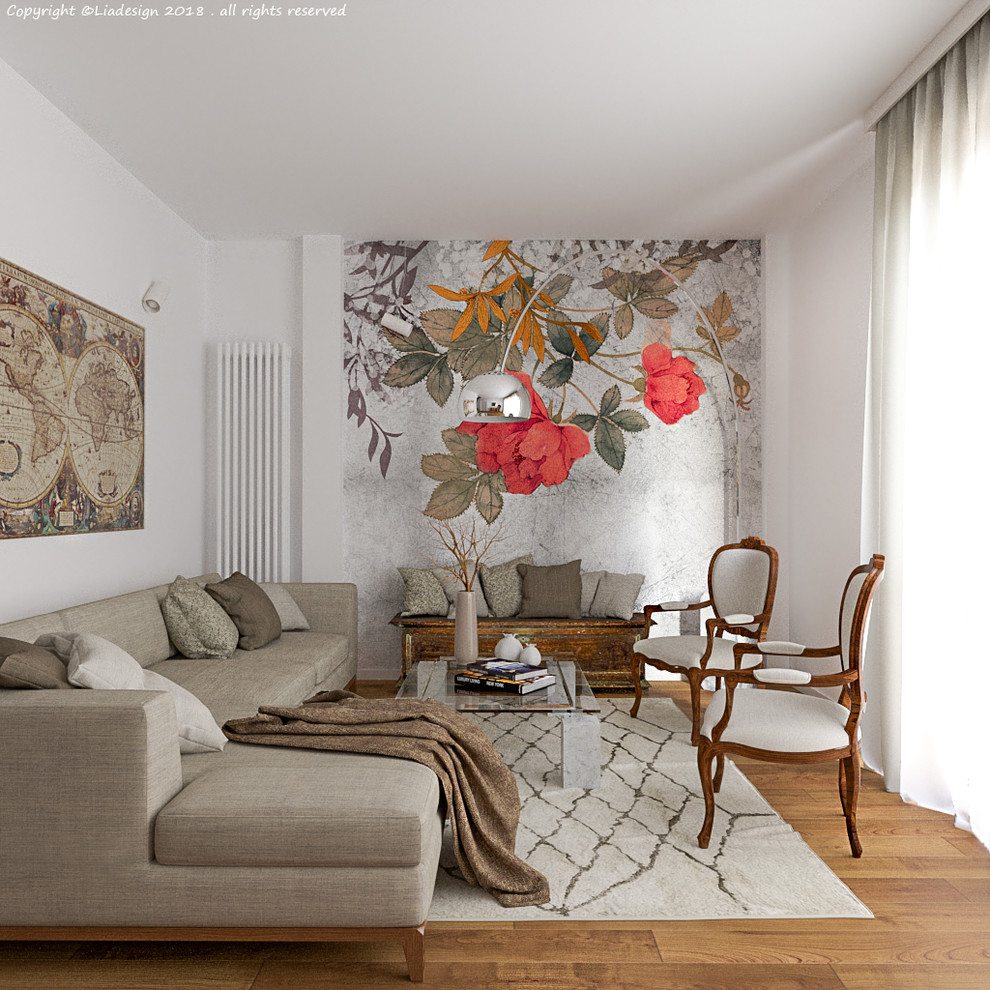 Idée de décoration pour un salon tradition de taille moyenne et ouvert avec un mur beige, parquet clair, aucun téléviseur et un sol marron.