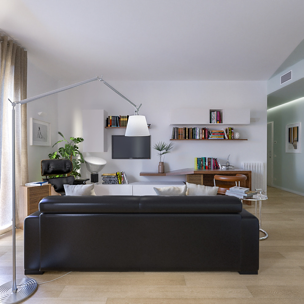 Ispirazione per un soggiorno minimal di medie dimensioni e aperto con pareti bianche, parquet chiaro e TV a parete