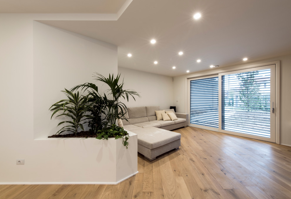Foto de sala de estar abierta contemporánea grande con paredes blancas, televisor independiente y suelo de madera clara