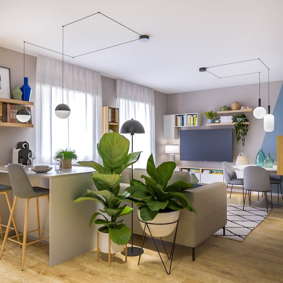 Idee per un soggiorno contemporaneo di medie dimensioni e aperto con pareti multicolore, pavimento in gres porcellanato e TV a parete