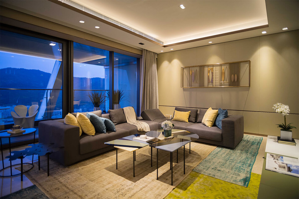 Idee per un soggiorno minimalista di medie dimensioni con pareti beige