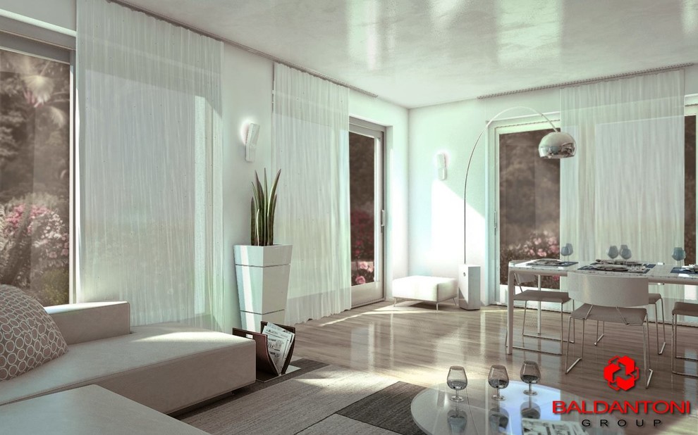 Ispirazione per un grande soggiorno moderno aperto con sala formale e pareti bianche