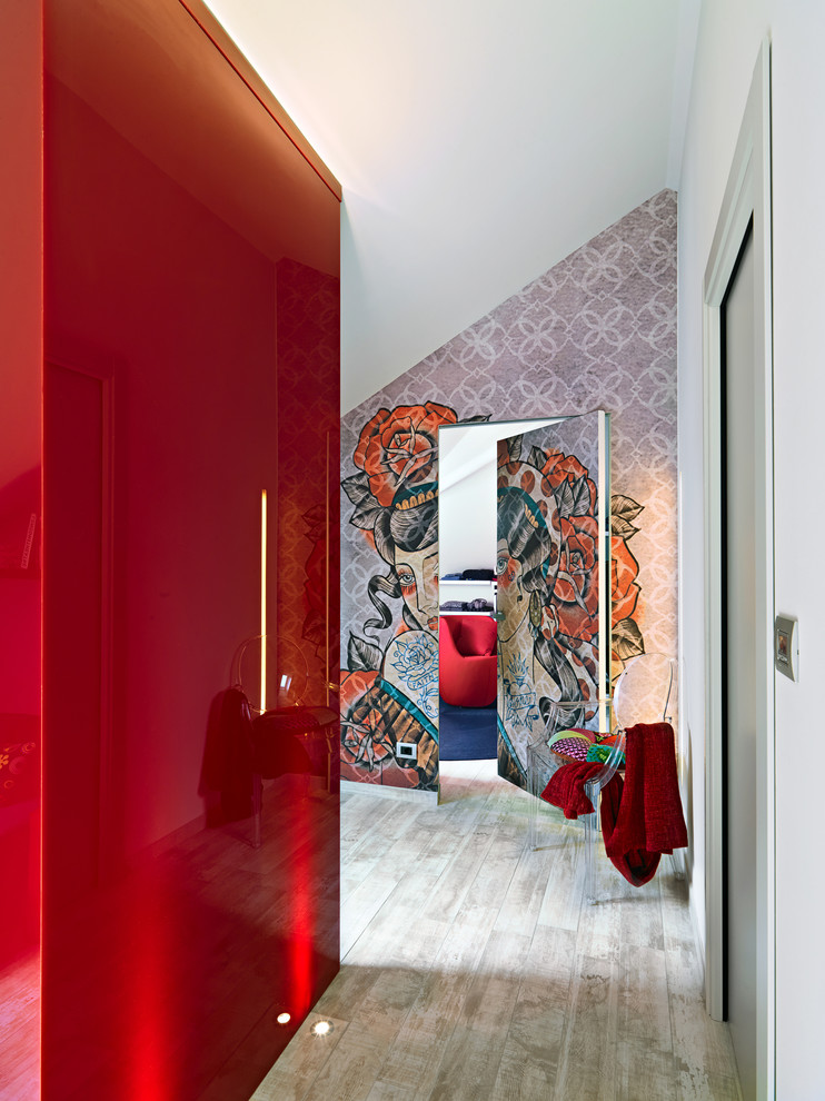 Ispirazione per un piccolo soggiorno minimalista aperto con pareti bianche e pavimento in gres porcellanato