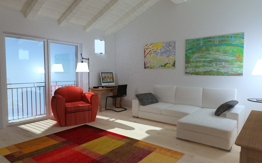 Ispirazione per un grande soggiorno design stile loft con parquet chiaro e TV a parete