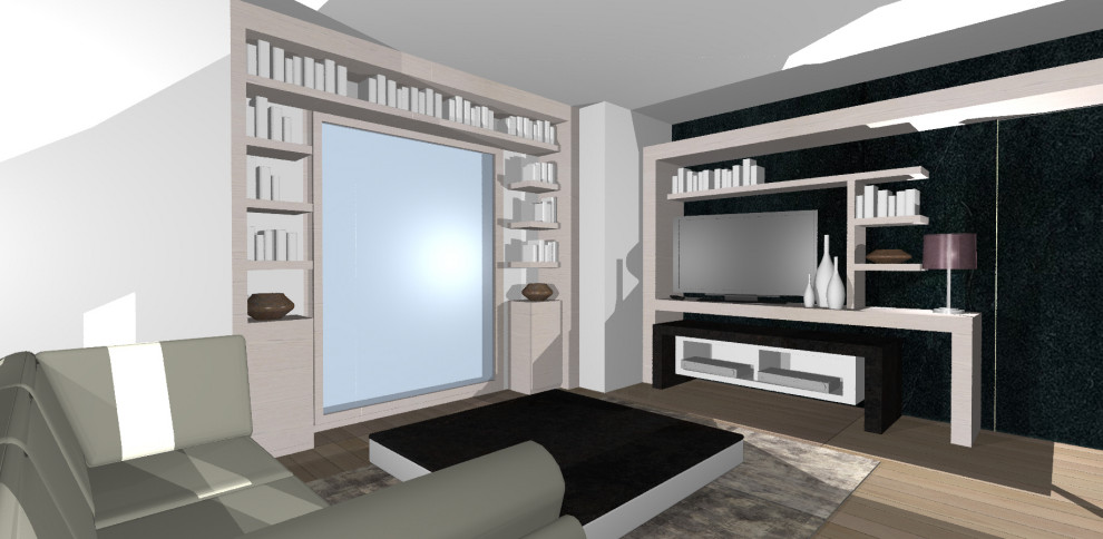 Пример оригинального дизайна: большая гостиная комната в стиле модернизм с с книжными шкафами и полками, белыми стенами и мультимедийным центром