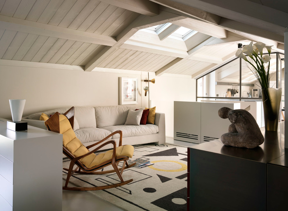 Idee per un piccolo soggiorno minimal stile loft con pareti bianche e pavimento in gres porcellanato