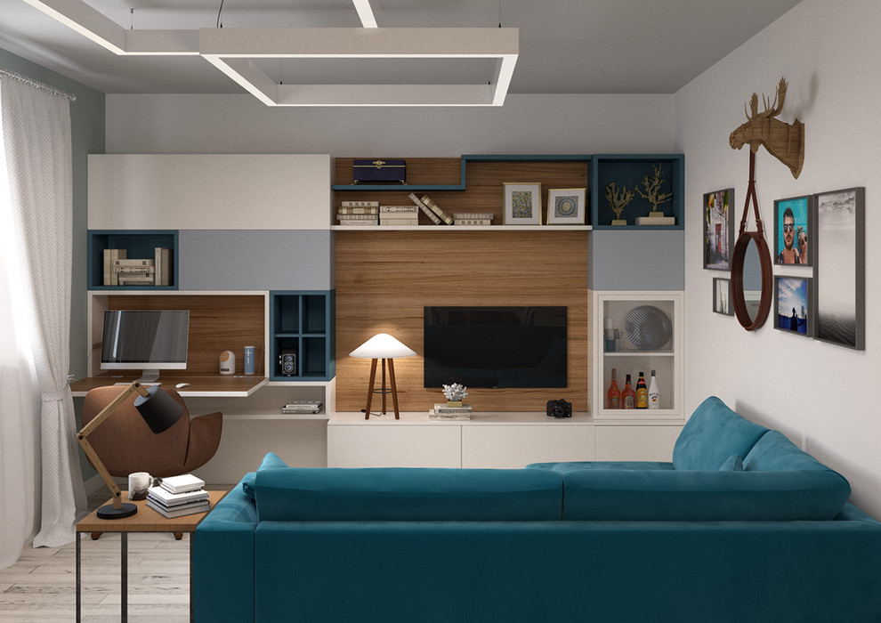 This is an example of a small contemporary open plan games room in Other with white walls, a reading nook, porcelain flooring, no fireplace, a built-in media unit and grey floors.