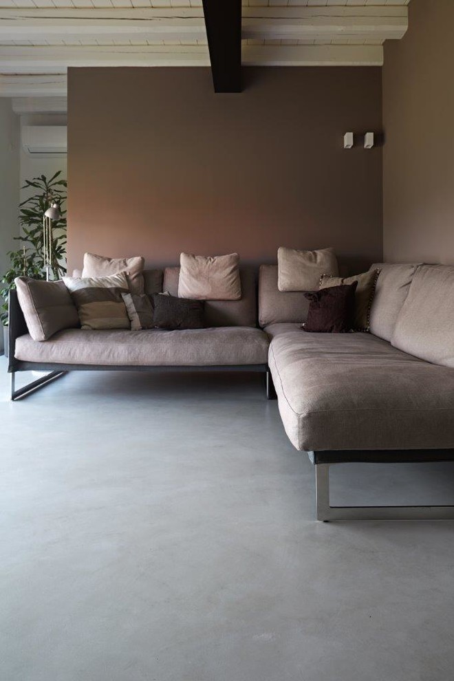 Ispirazione per un soggiorno minimal con pavimento in cemento