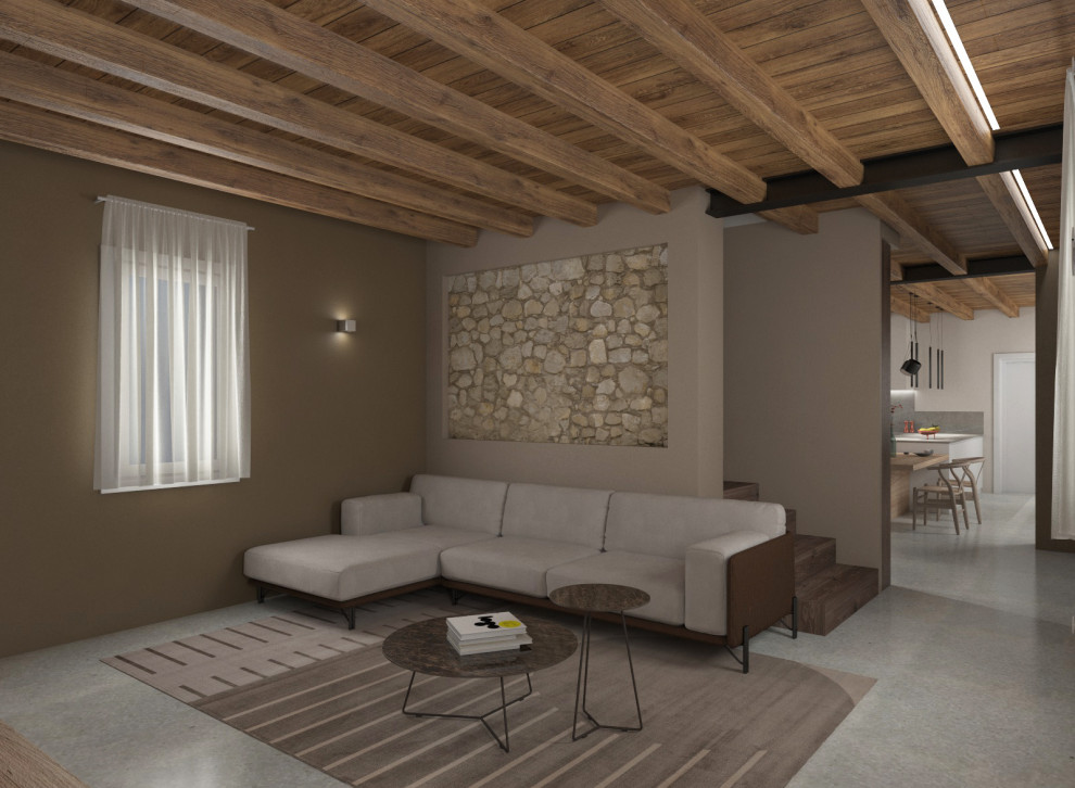 Esempio di un soggiorno moderno di medie dimensioni e aperto con libreria, pareti beige e TV a parete