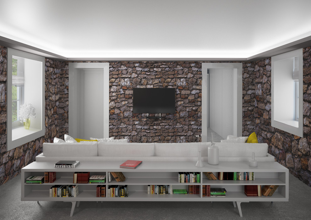 Idéer för att renovera ett stort funkis allrum med öppen planlösning, med ett bibliotek, vita väggar, betonggolv, en väggmonterad TV och grått golv