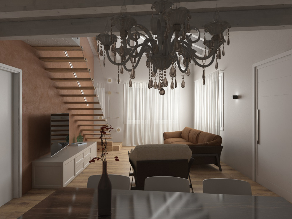 Imagen de sala de estar abierta minimalista pequeña con paredes marrones, suelo de madera en tonos medios, chimenea lineal, marco de chimenea de yeso, televisor colgado en la pared y suelo marrón