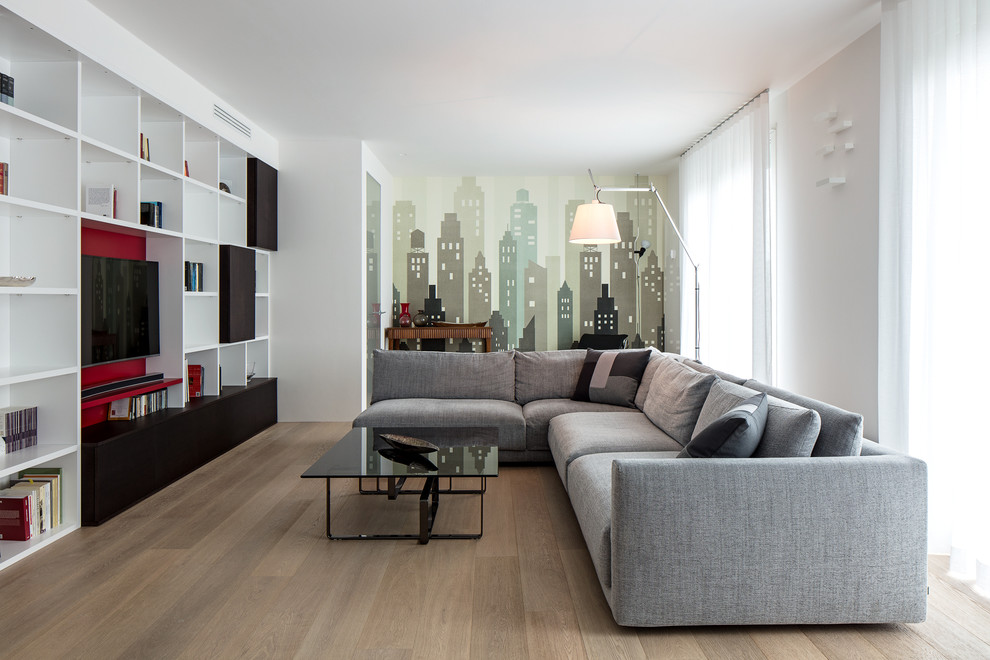 Свежая идея для дизайна: открытая гостиная комната в стиле модернизм с белыми стенами - отличное фото интерьера