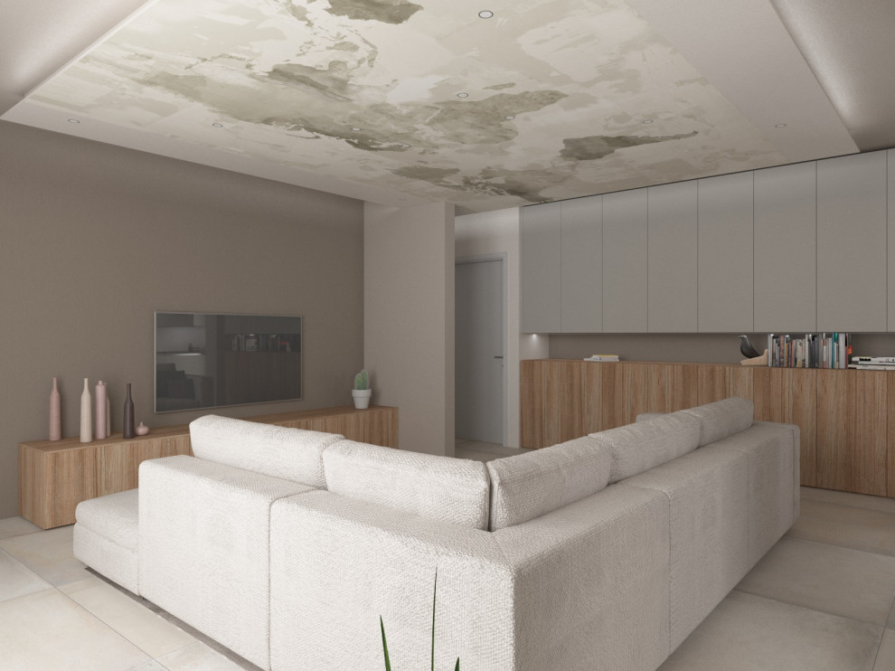 Cette image montre une grande salle de séjour nordique ouverte avec un mur beige, un sol en carrelage de porcelaine, un téléviseur fixé au mur, un sol gris et un plafond en papier peint.