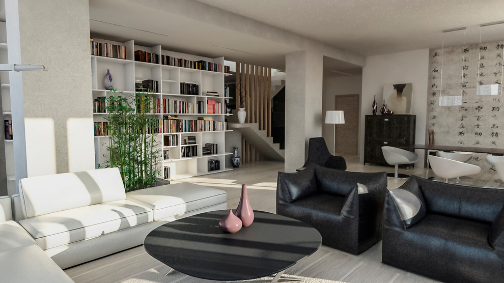 Idee per un grande soggiorno minimal aperto con libreria, pareti beige, parquet chiaro, TV a parete e pavimento beige