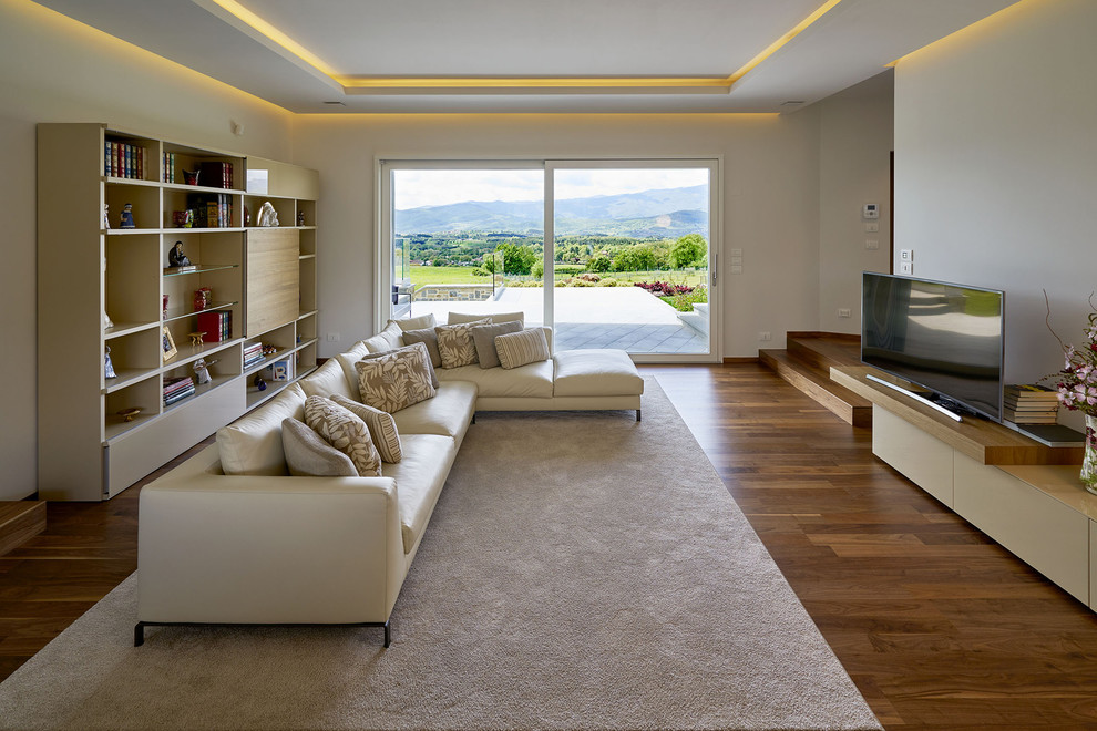 Ispirazione per un soggiorno design chiuso con sala formale, pareti bianche, pavimento in legno massello medio, TV autoportante, pavimento marrone e tappeto